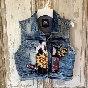 South Pole Blue Denim Patchwork Vest with Tootsie Roll/Pop Patches - Small